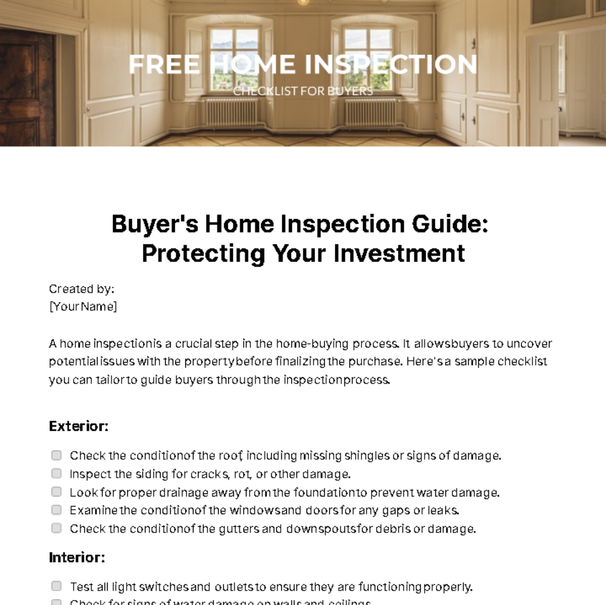 Home Inspection Checklist For Buyers Template