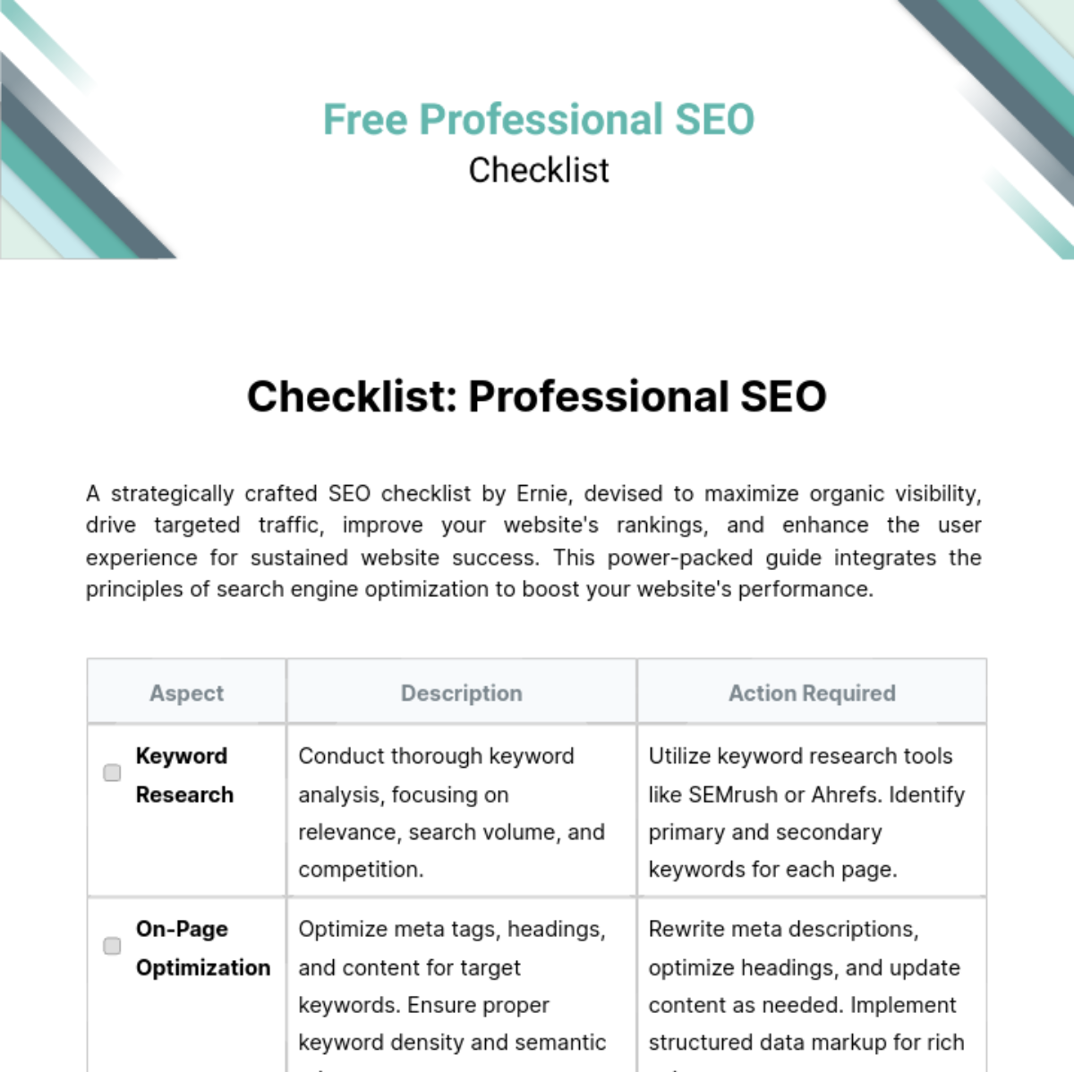 Professional SEO Checklist Template