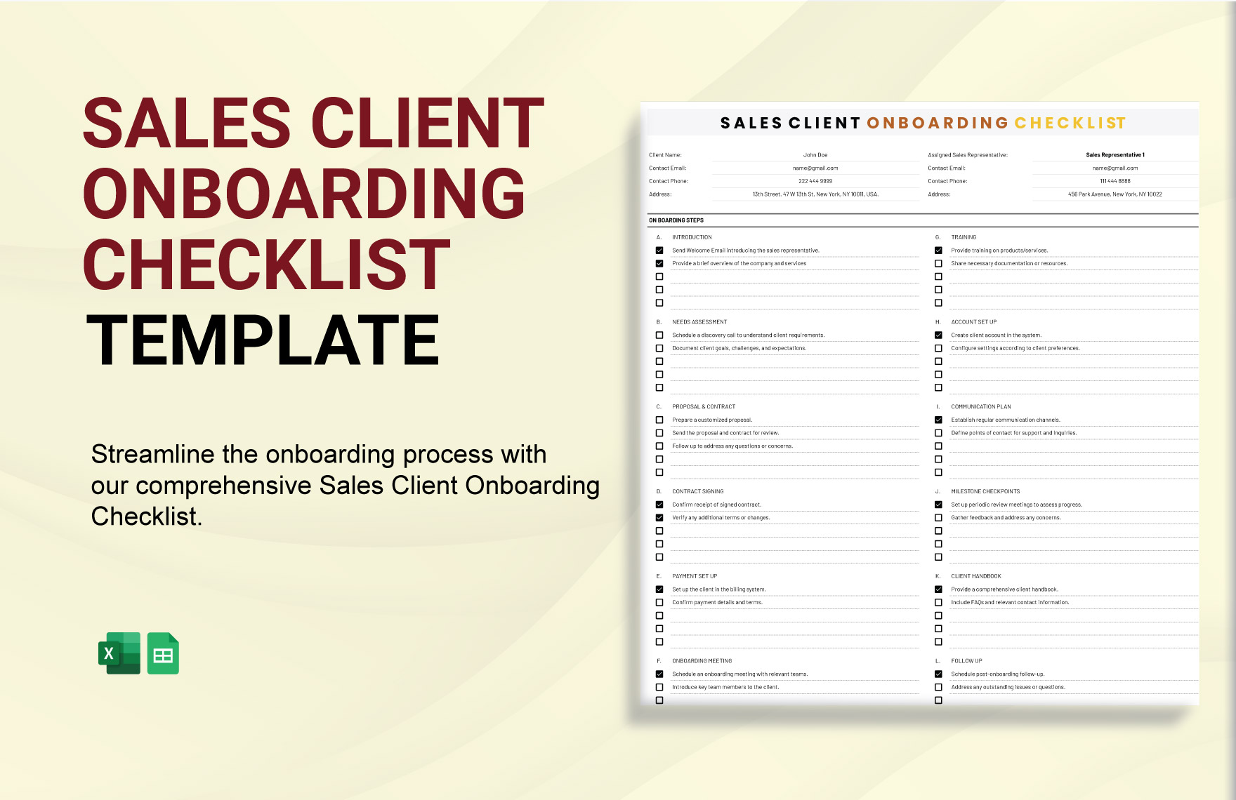 Sales Client Onboarding Checklist Template in Excel, Google Sheets