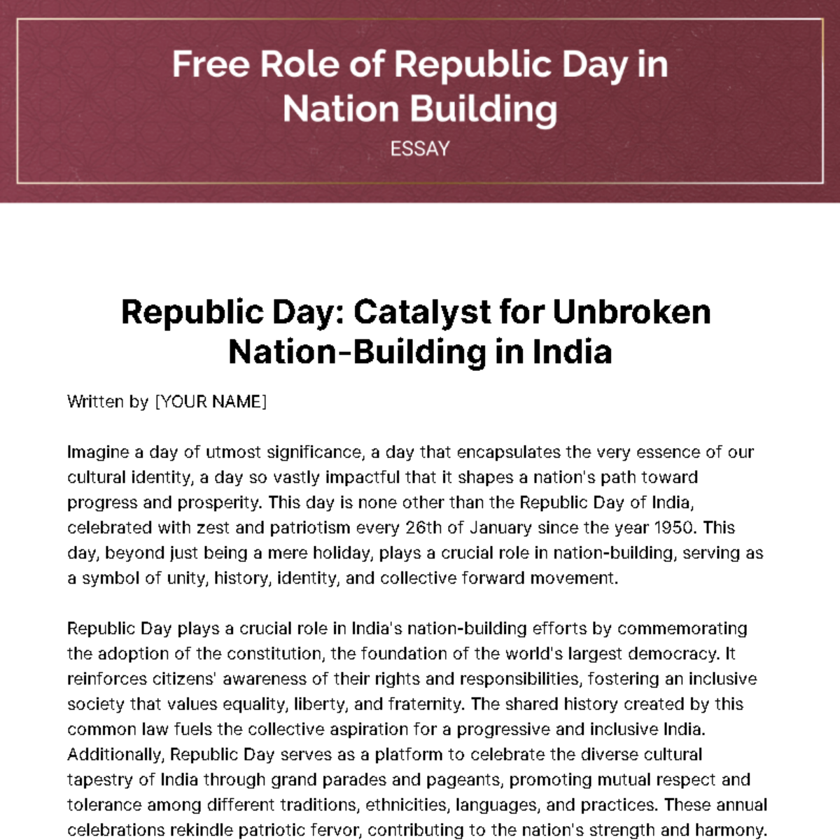 Role of Republic Day in Nation Building Essay Template