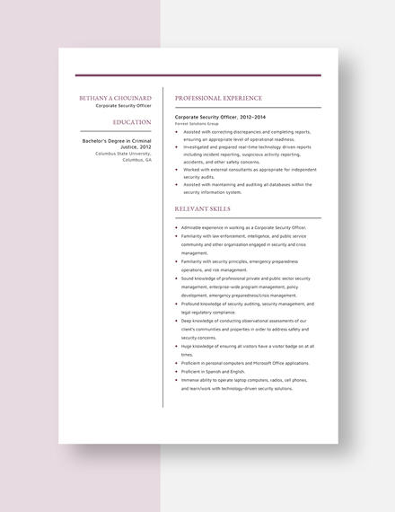 Corporate Security Officer Resume Template