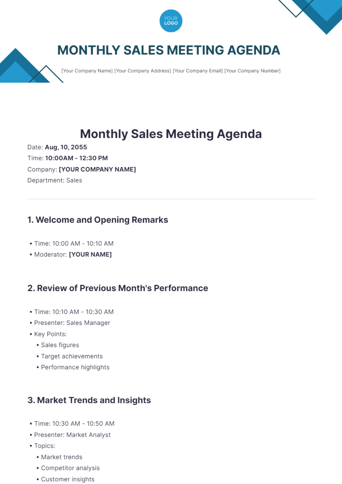 Monthly Sales Meeting Agenda  Template - Edit Online & Download