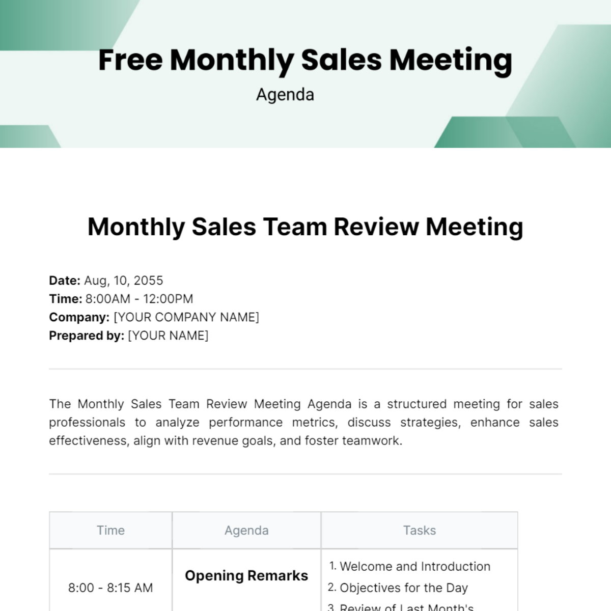 Monthly Sales Meeting Agenda  Template