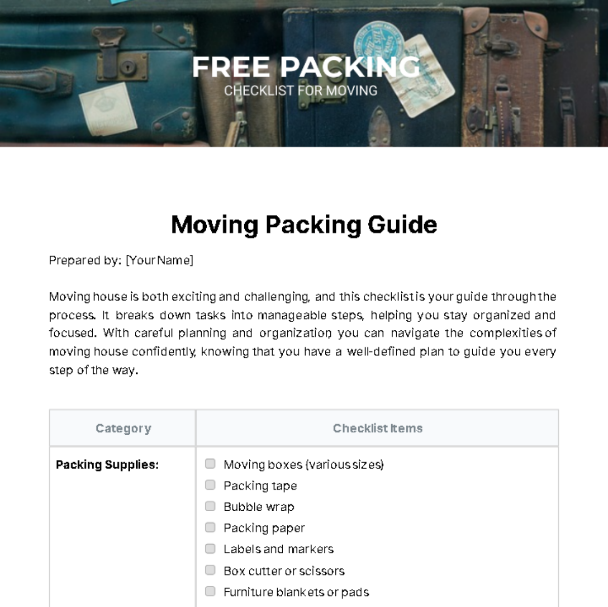 Packing Checklist For Moving Template
