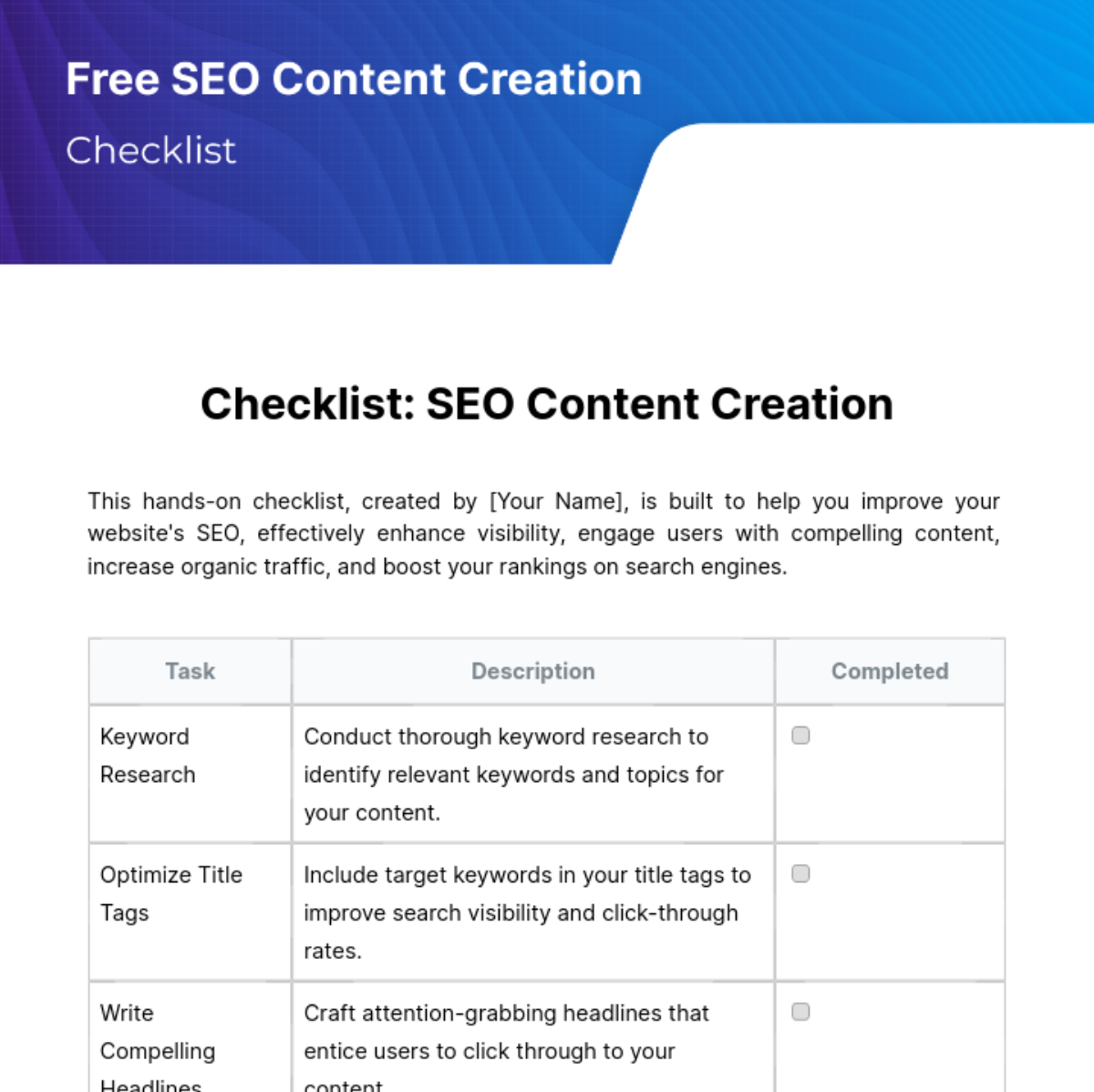 SEO Content Creation Checklist Template