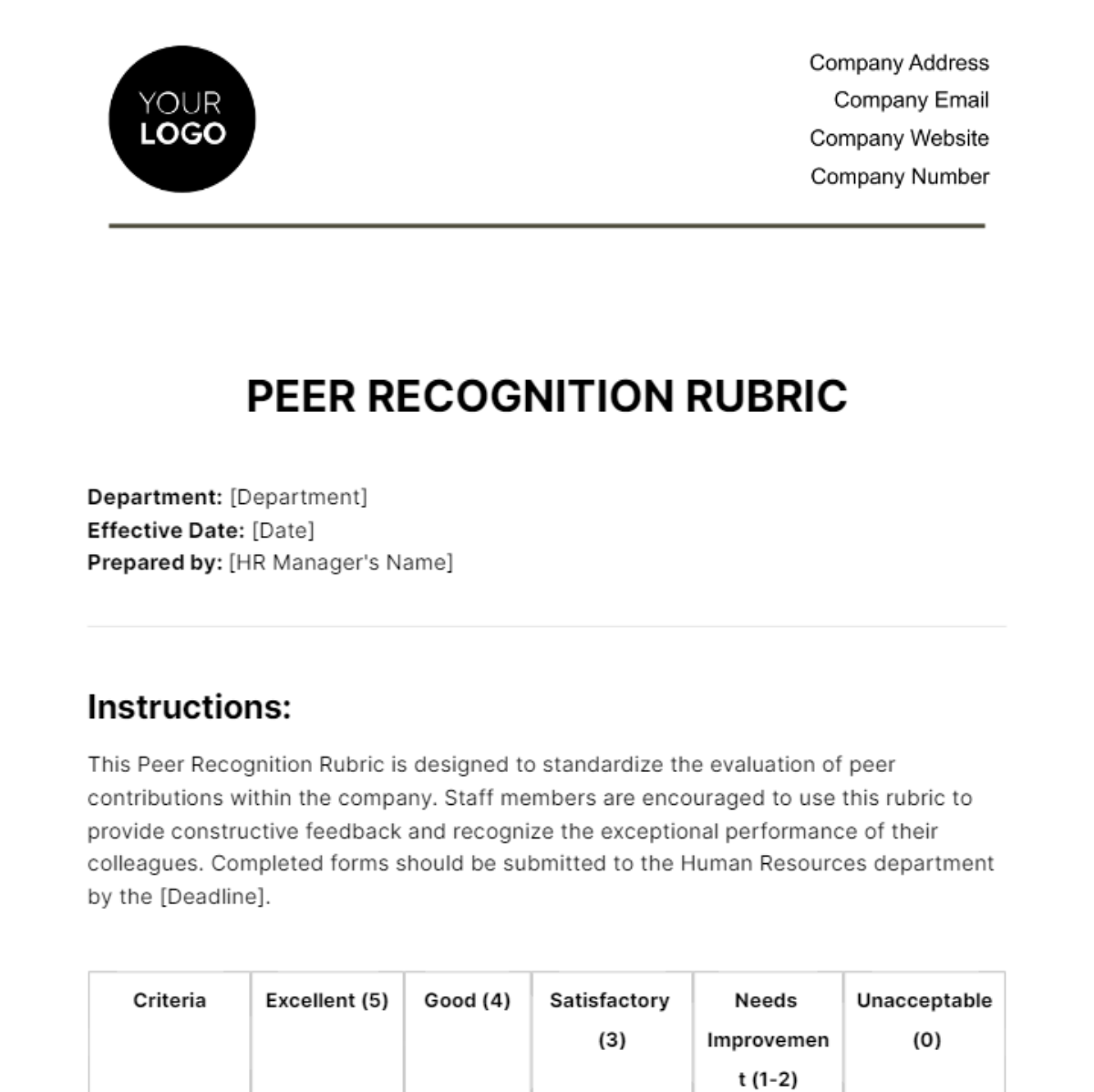 Peer Recognition Rubric HR Template