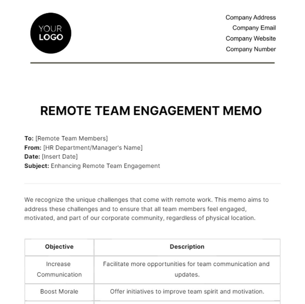 Remote Team Engagement Memo HR Template