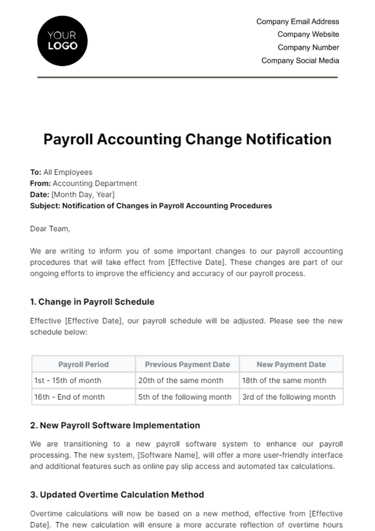Payroll Accounting Change Notification Template