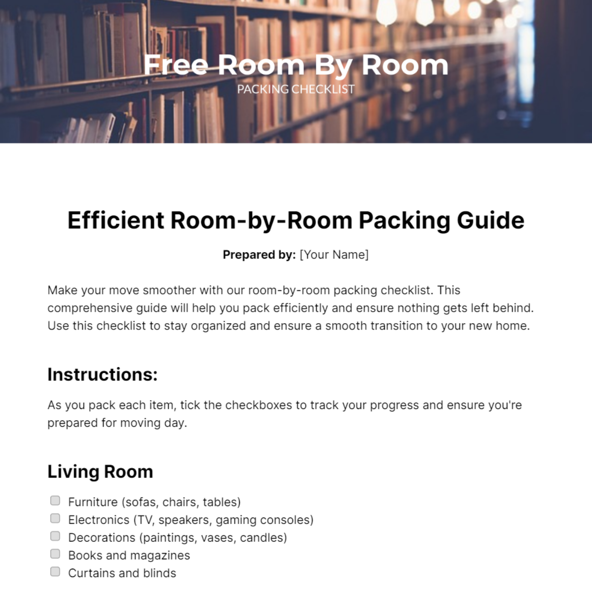 Room By Room Packing Checklist Template