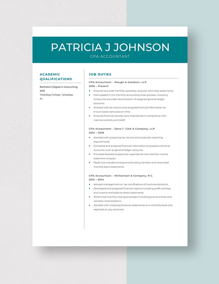 CPA Accountant Resume Template - Word, Apple Pages | Template.net