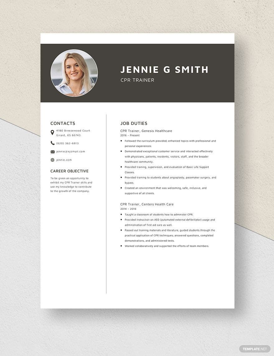 Free CPR Trainer Resume Template