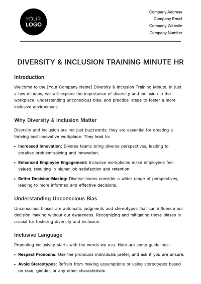 Free Diversity & Inclusion Training Minute HR Template to Edit Online