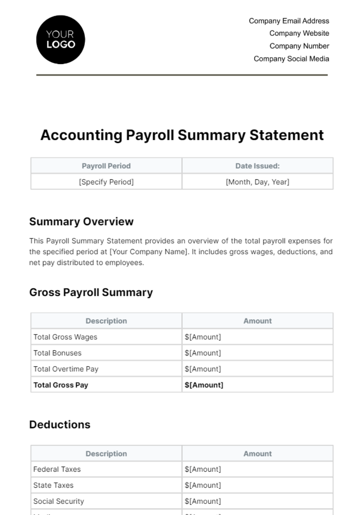 Accounting Payroll Summary Statement Template