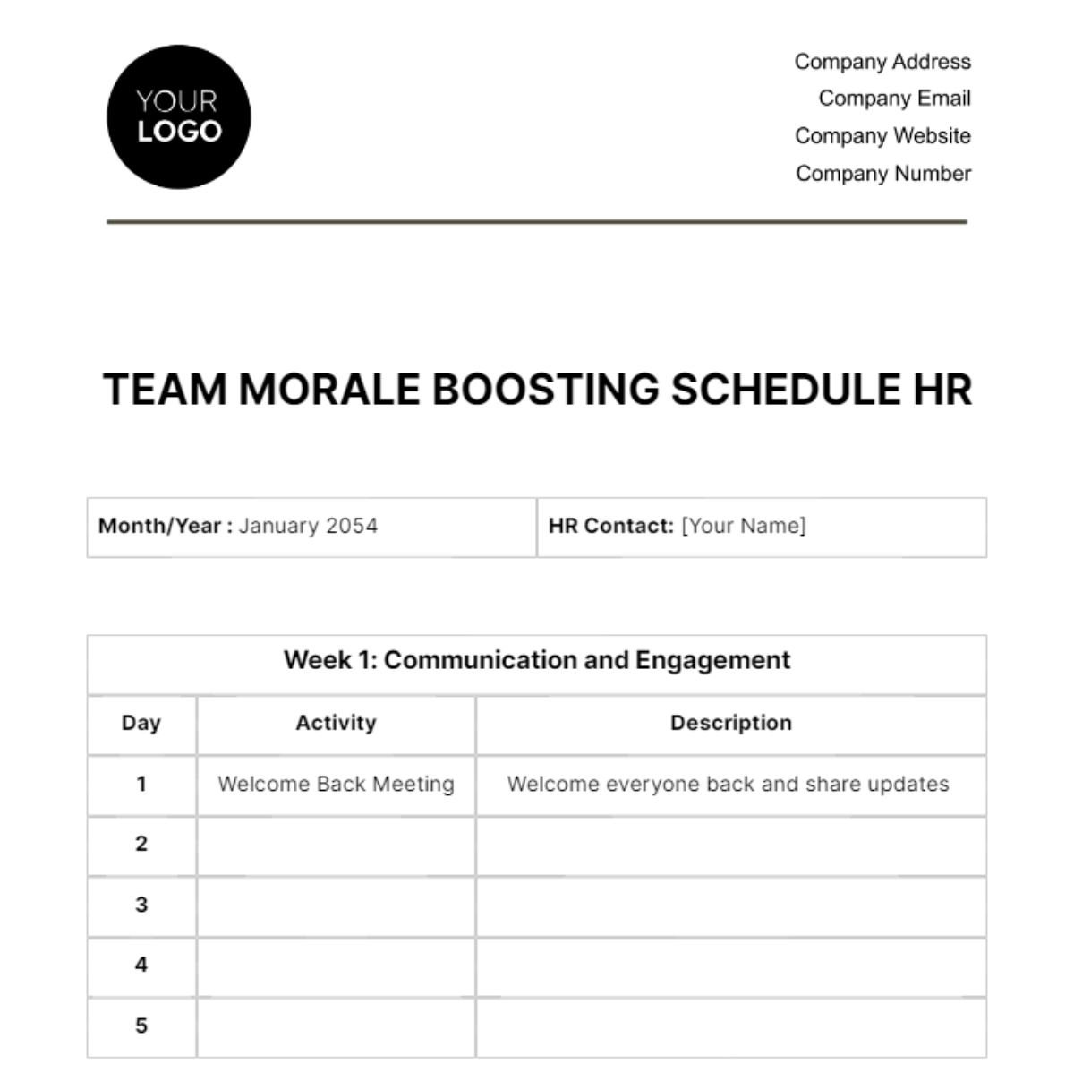 Team Morale Boosting Schedule HR Template