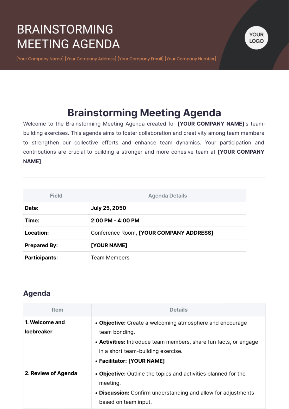 Brainstorming Meeting Agenda Template - Edit Online & Download