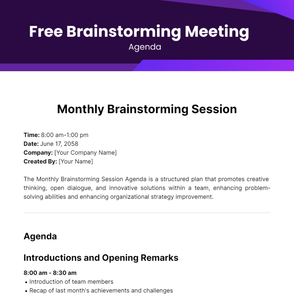 Brainstorming Meeting Agenda Template