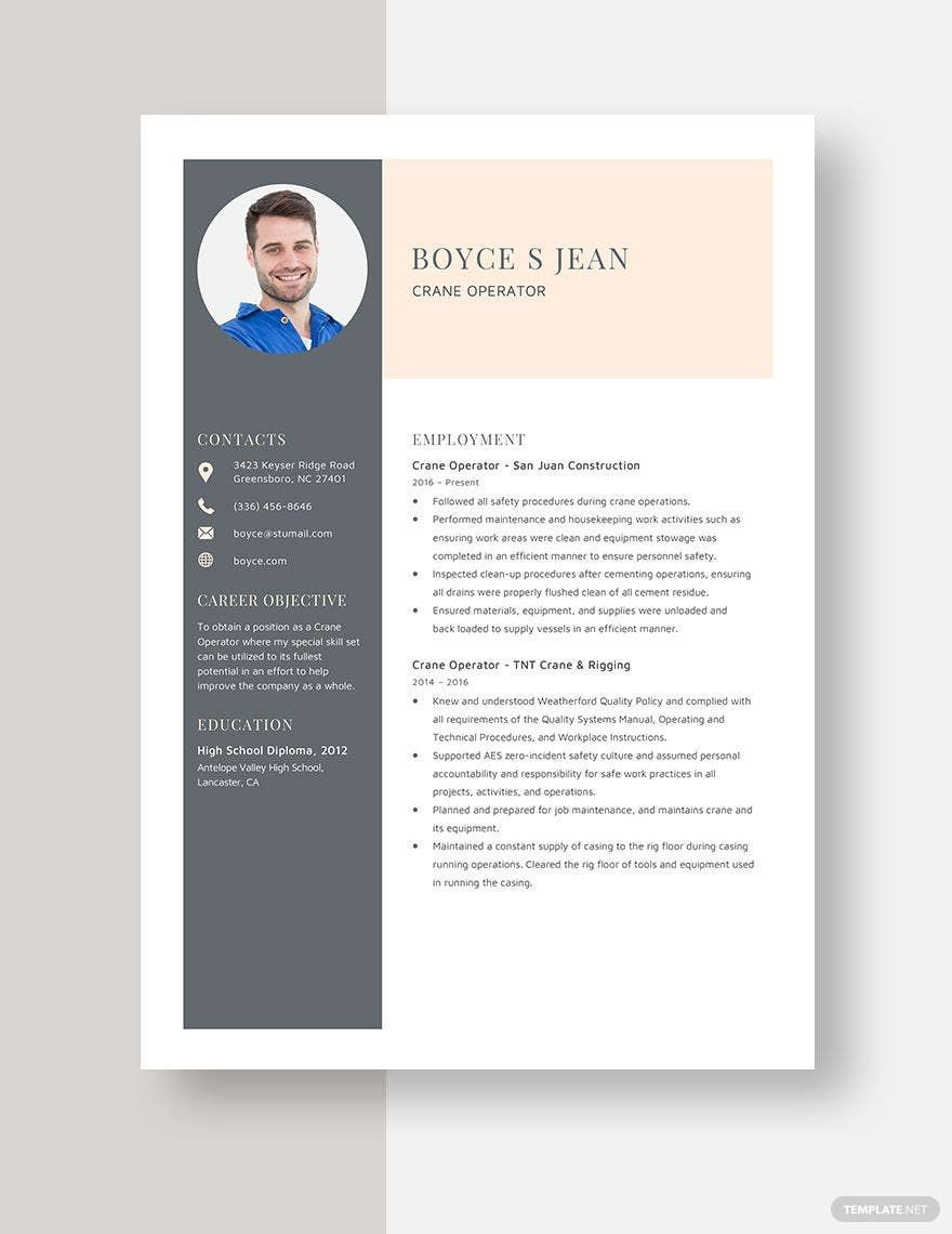 Crane Operator Resume in Word, Apple Pages