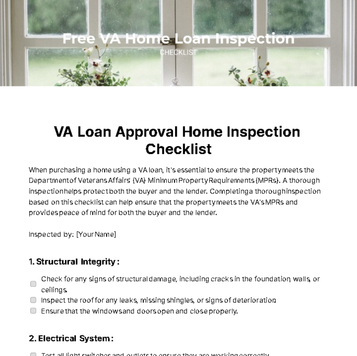 VA Home Loan Inspection Checklist Template