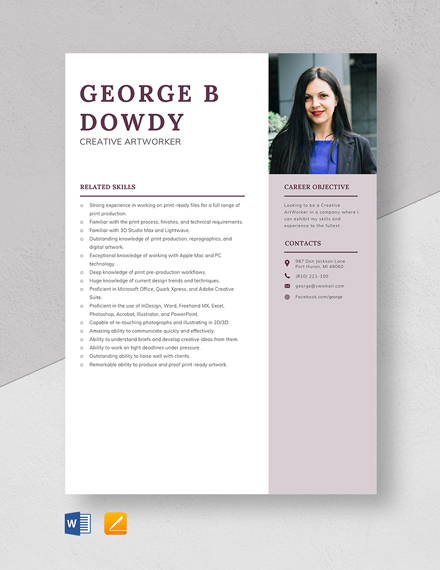 Free Creative Artworker Resume Template - Word, Apple Pages