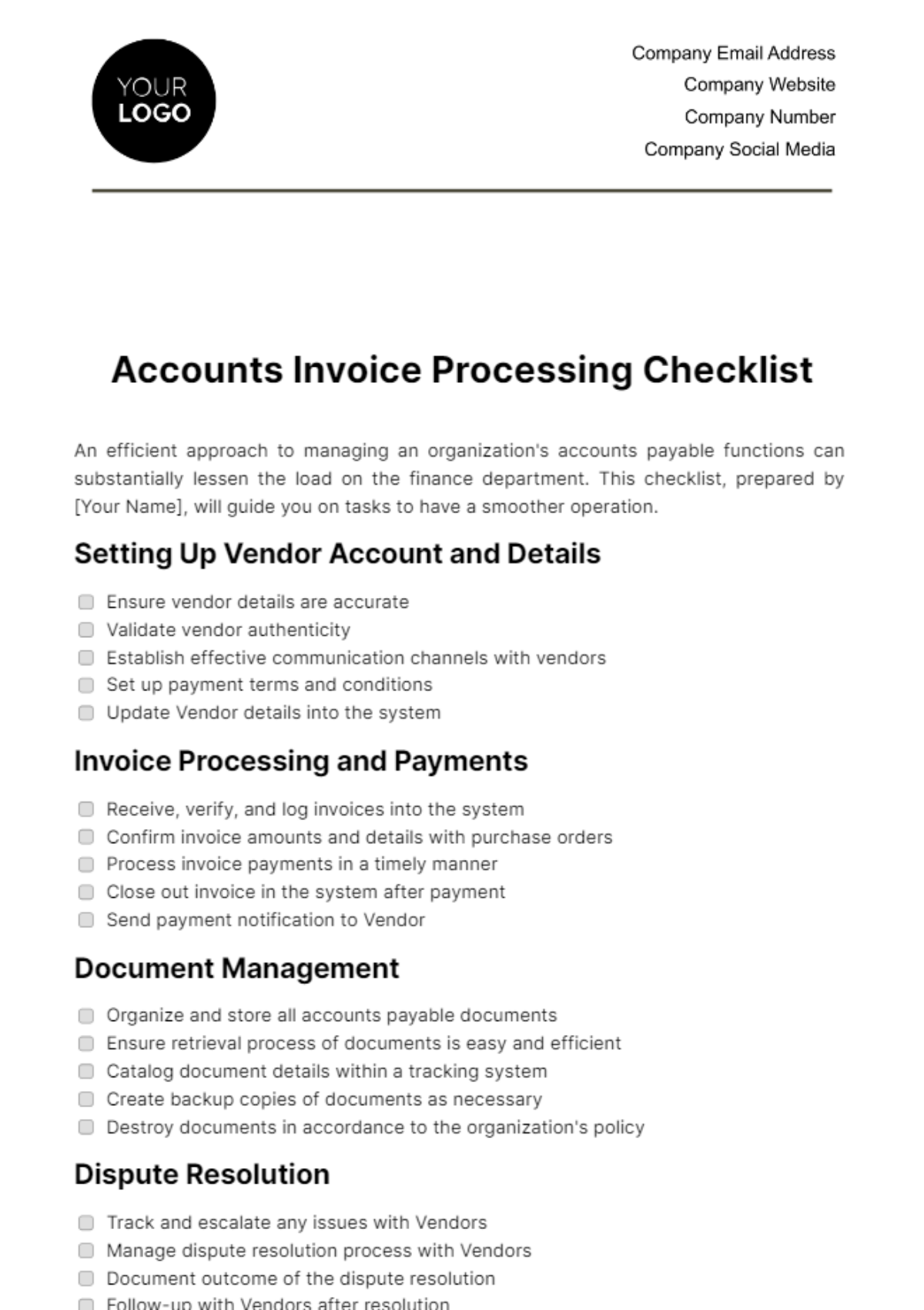 Free Accounts Invoice Processing Checklist Template