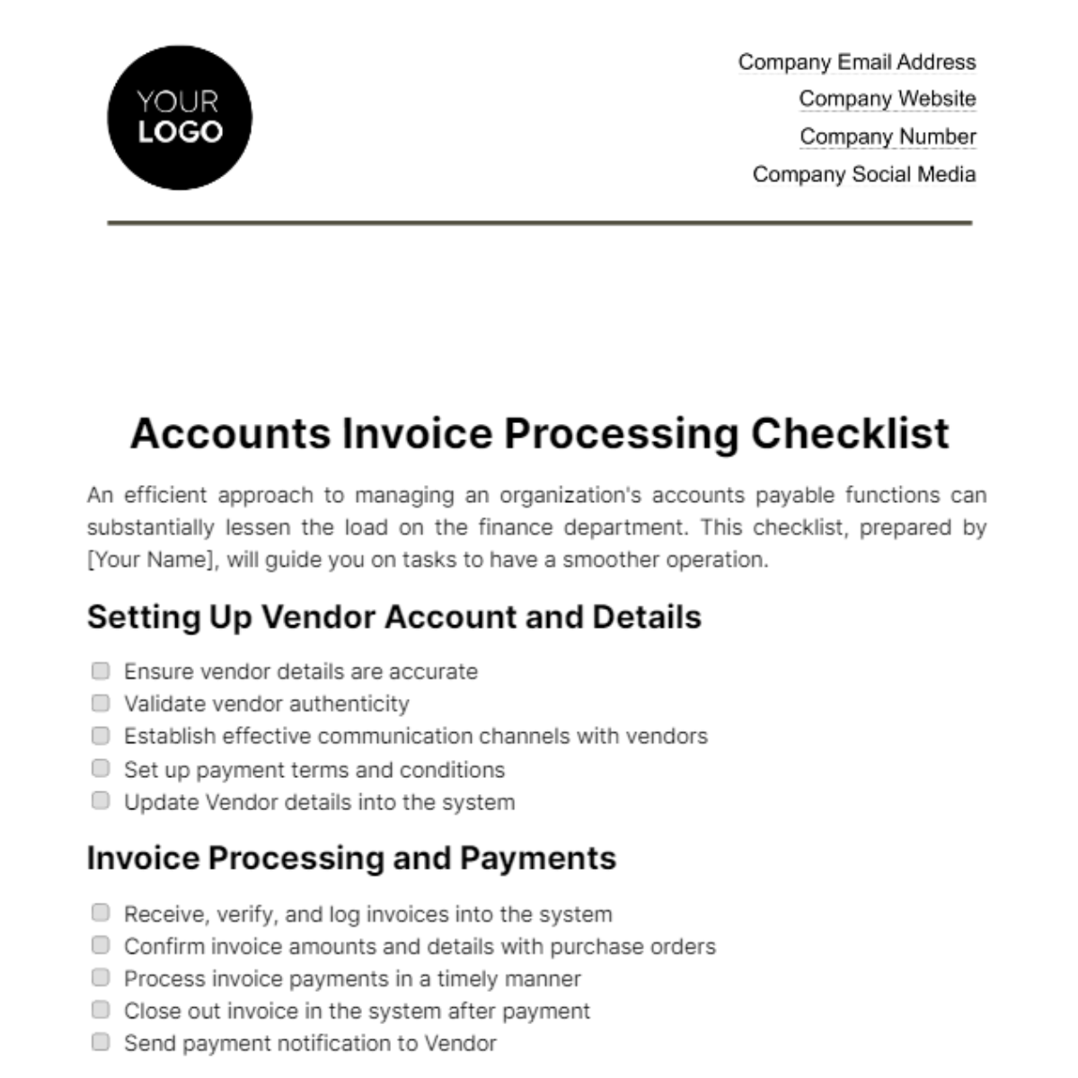 Accounts Invoice Processing Checklist Template - Edit Online & Download