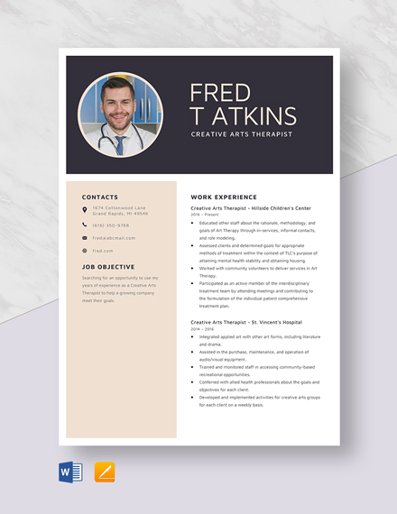 Free Creative Arts Therapist Resume Template - Word, Apple Pages