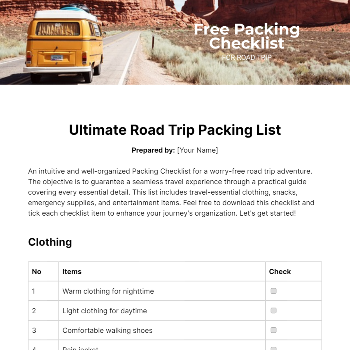 Packing Checklist For Road Trip Template