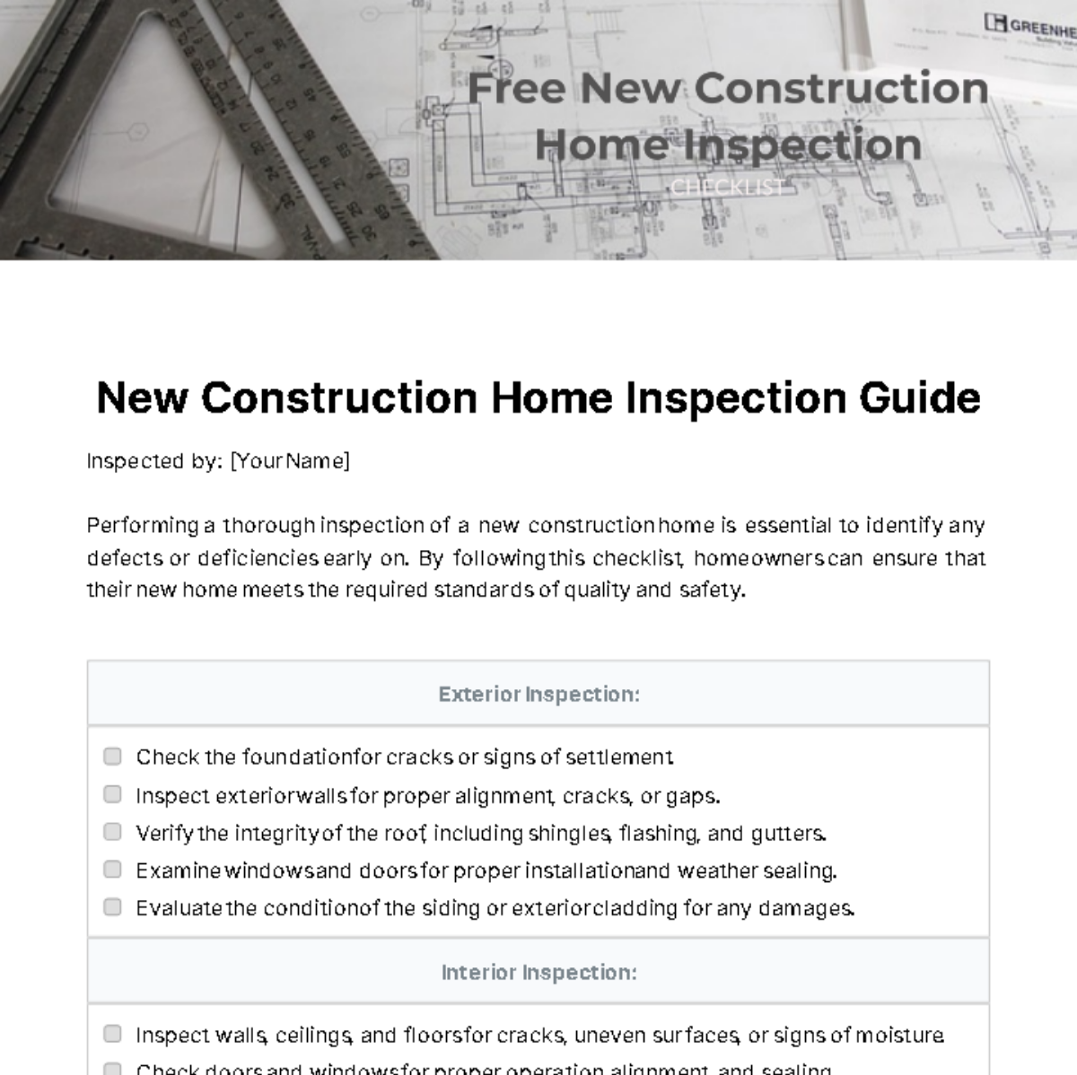 New Construction Home Inspection Checklist Template