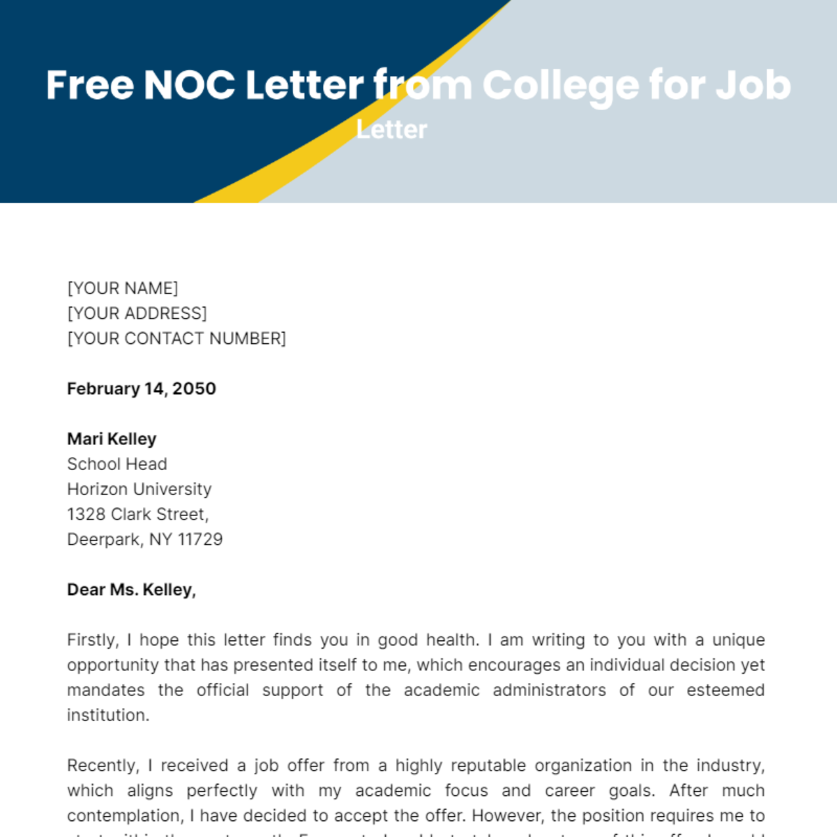 NOC Letter from College for Job Template