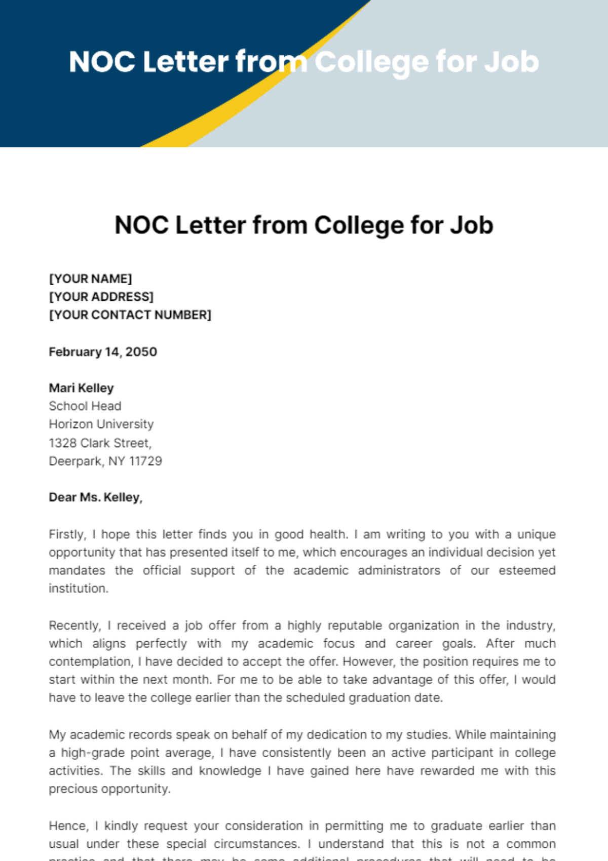 Free NOC Letter from College for Job Template