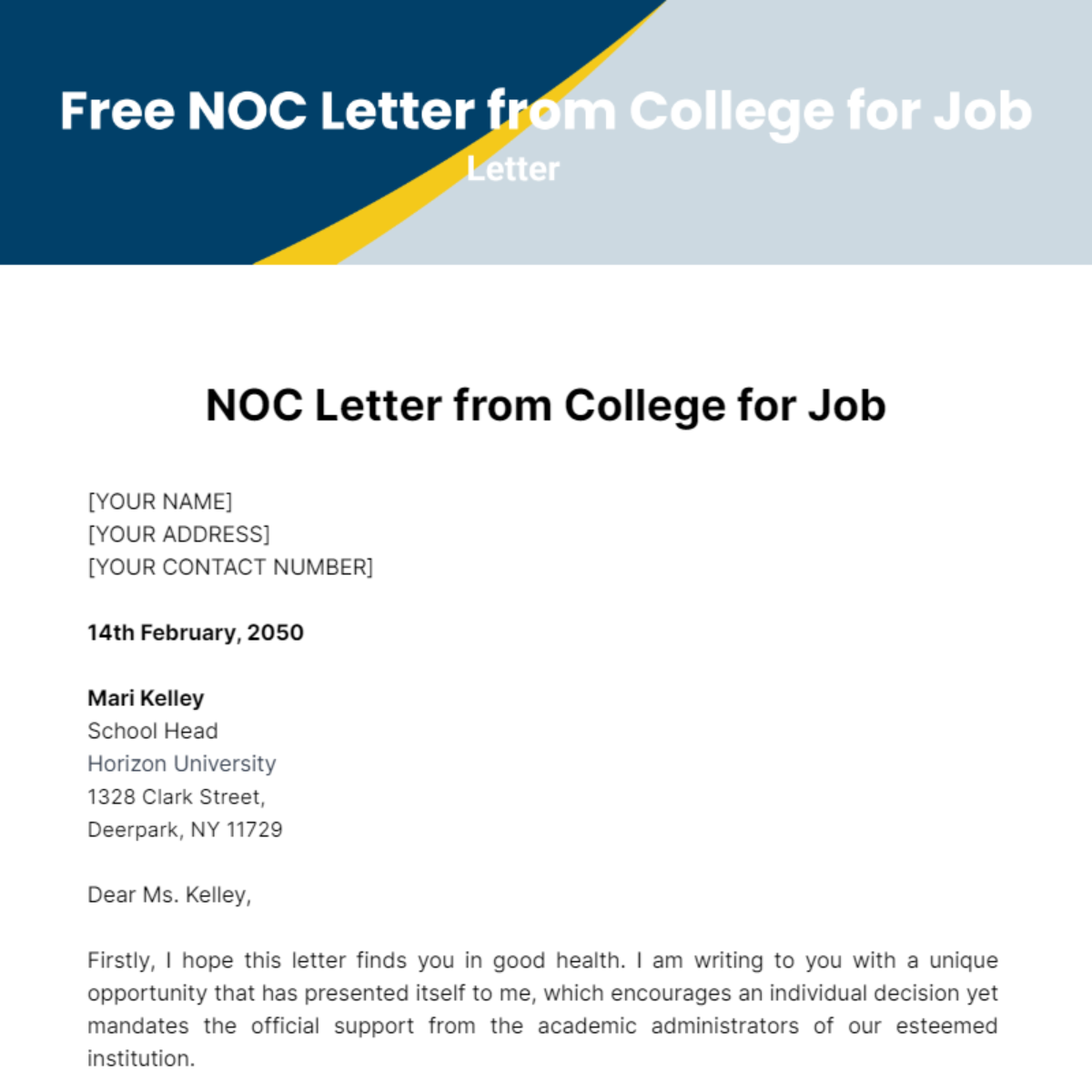 noc application letter for college