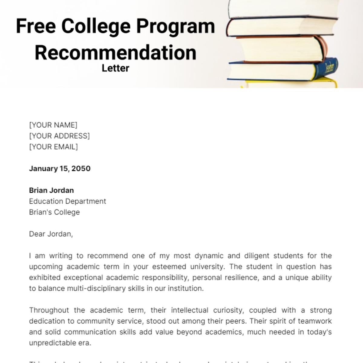 College Program Recommendation Letter Template