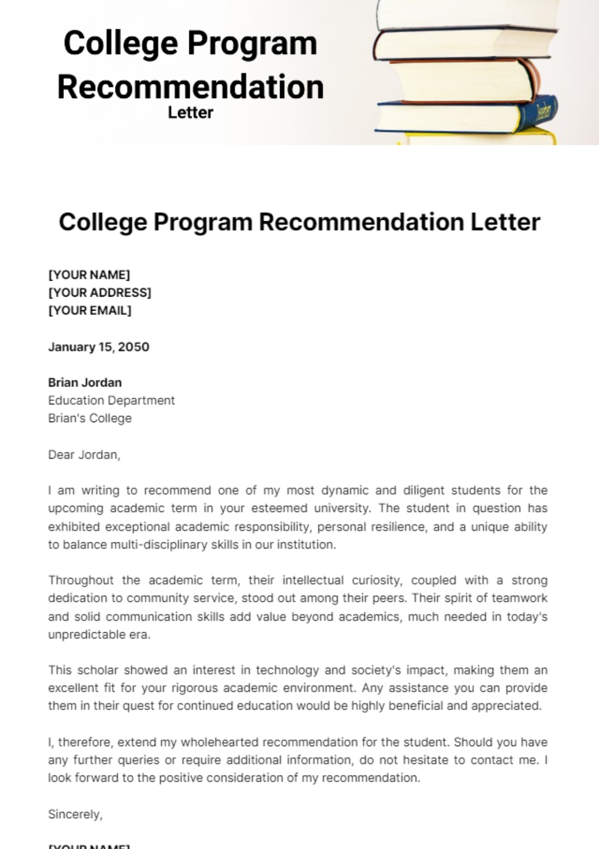 Free College Program Recommendation Letter Template