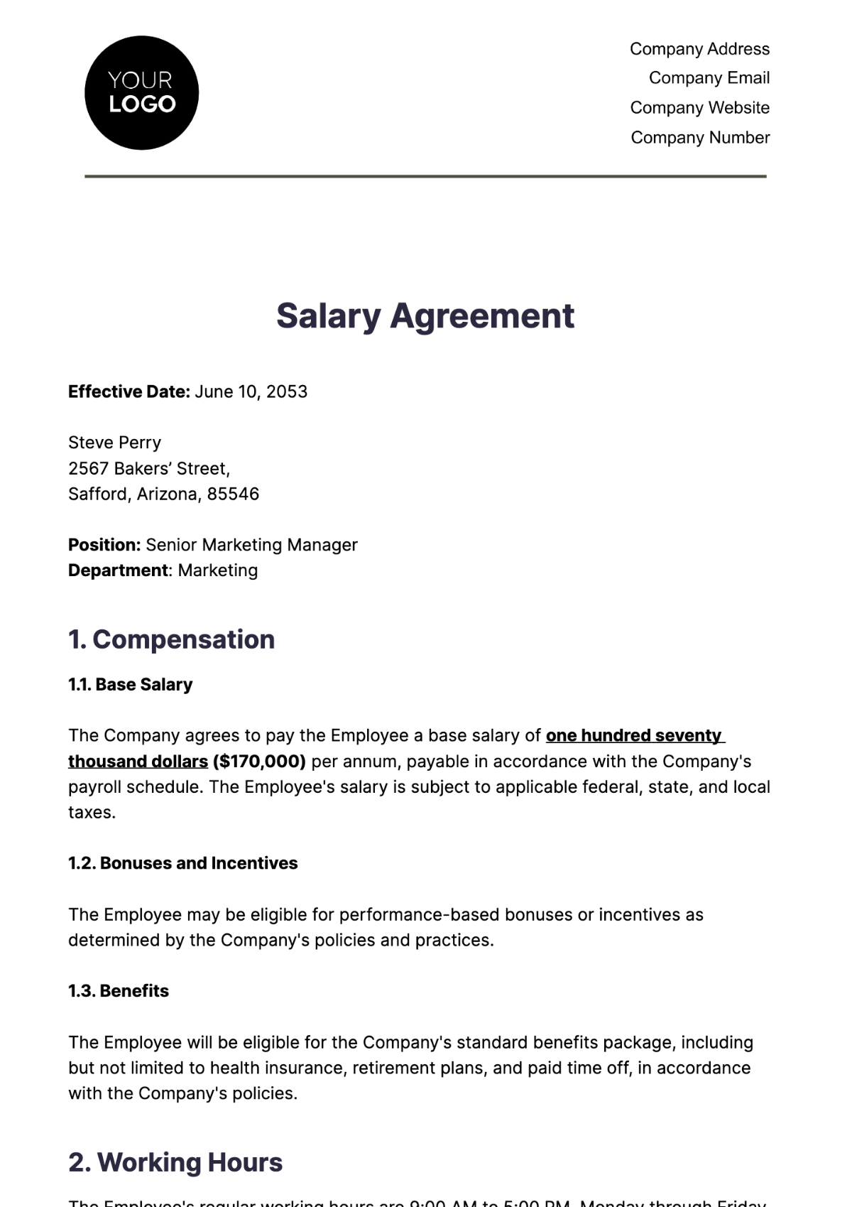 Salary Agreement HR Template - Edit Online & Download