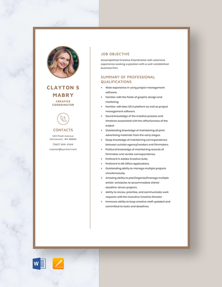 Free Creative Coordinator Resume Template - Word, Apple Pages