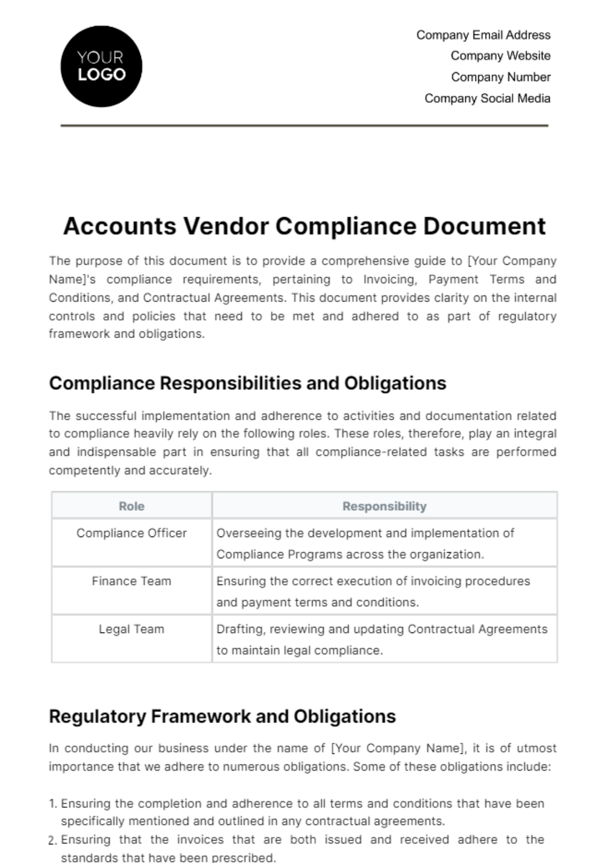 Free Accounts Vendor Compliance Document Template