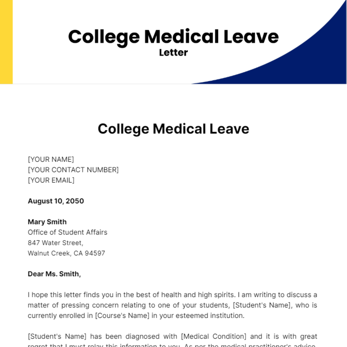 College Medical Leave Letter Template - Edit Online & Download Example