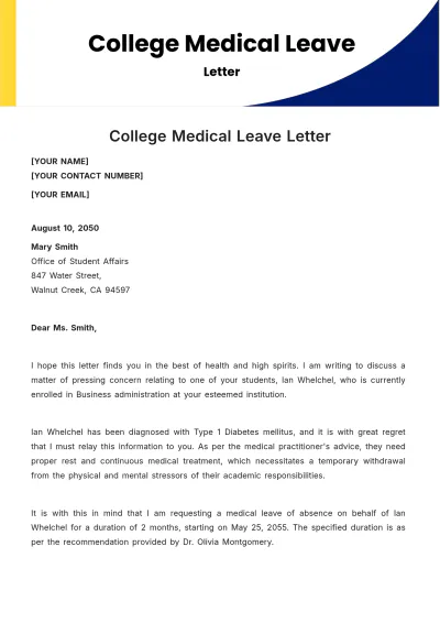 Free College Medical Leave Letter Template to Edit Online