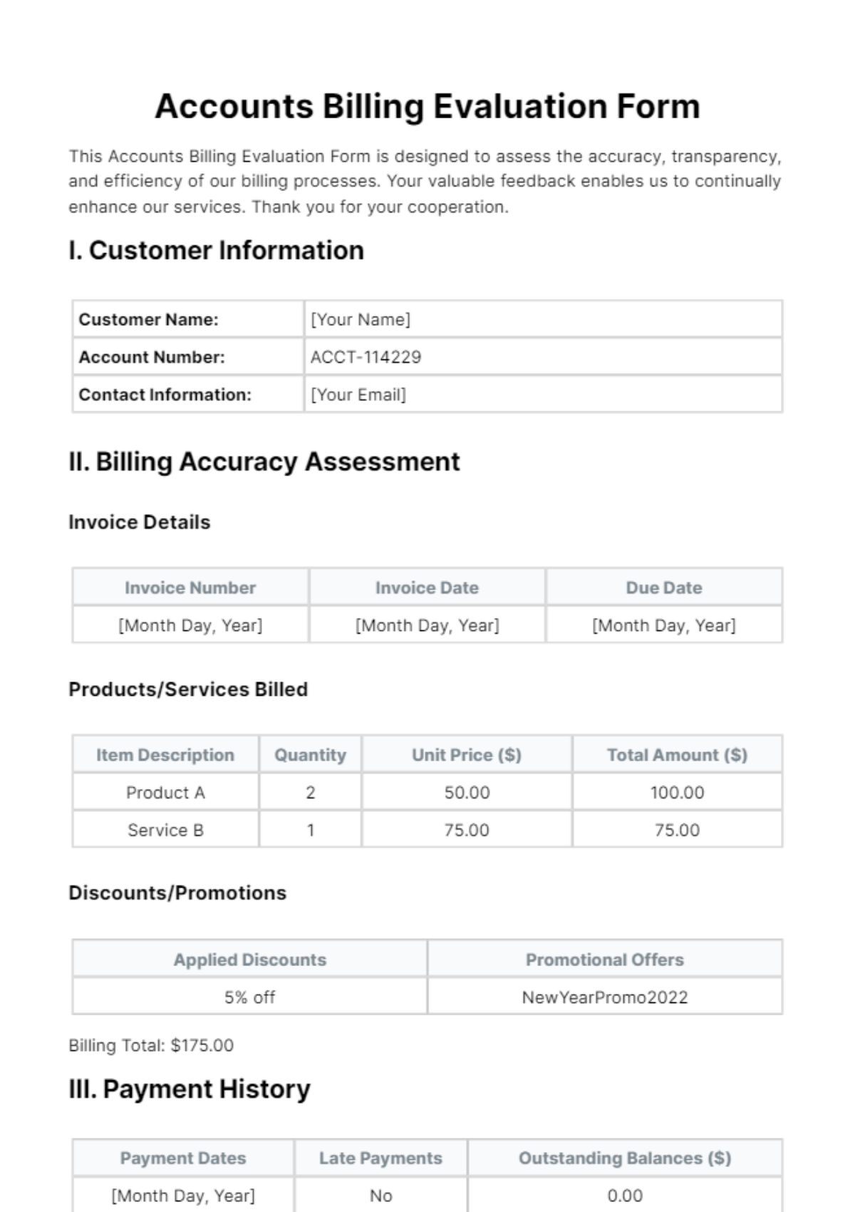 Free Accounts Billing Evaluation Form Template