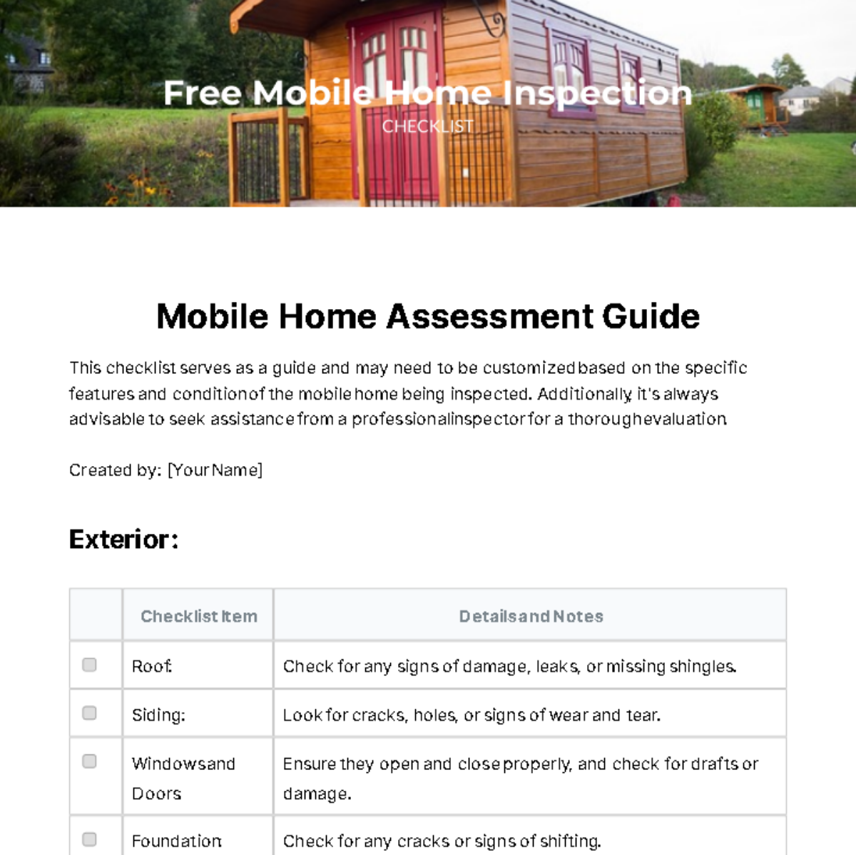 Mobile Home Inspection Checklist Template