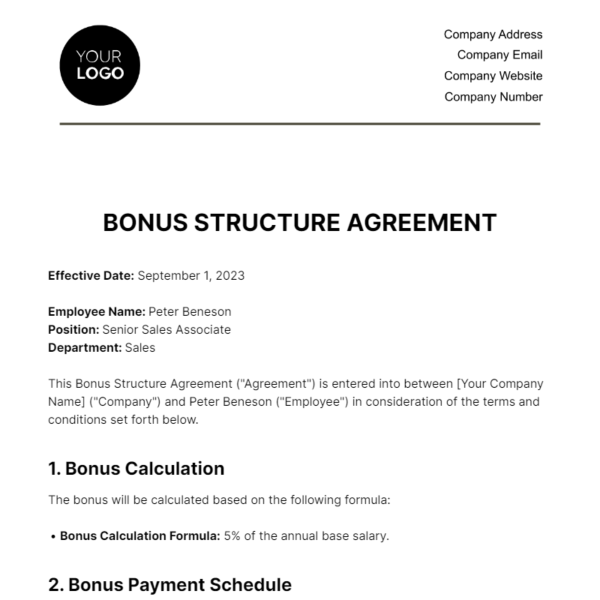 Bonus Structure Agreement HR Template