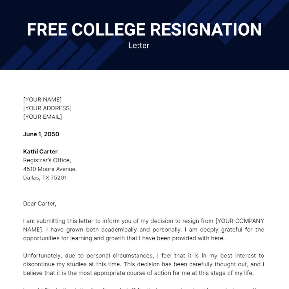 College Resignation Letter Template