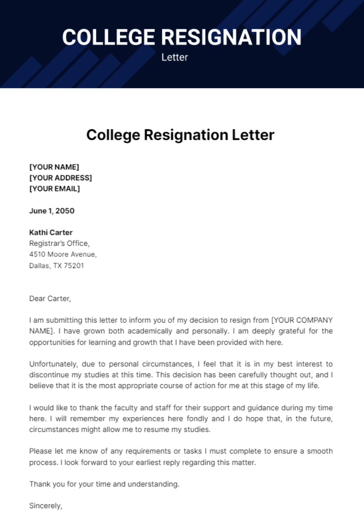 Free College Resignation Letter Template
