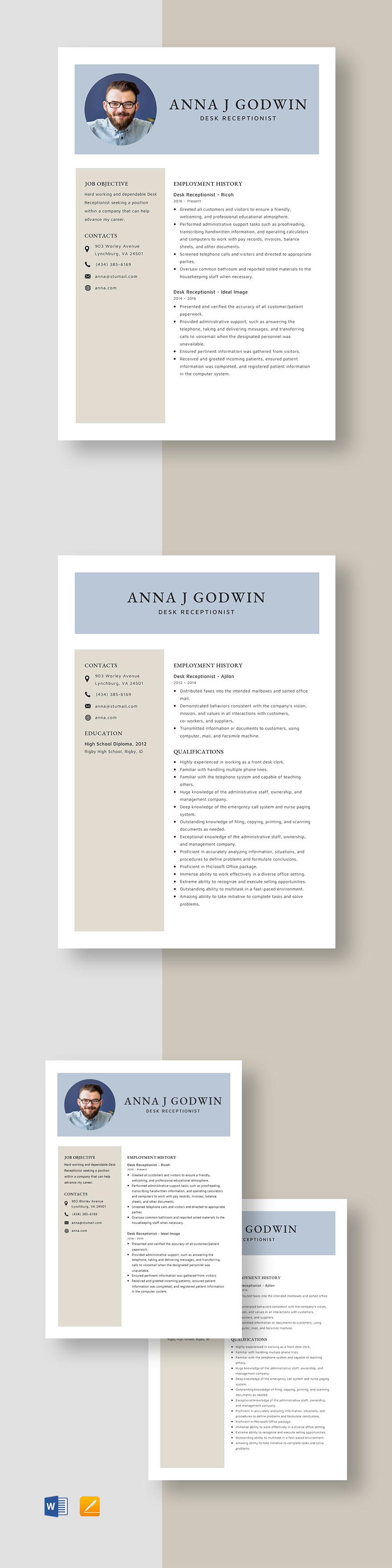 Basic Receptionist Resume Template - Illustrator, InDesign, Word, Apple ...