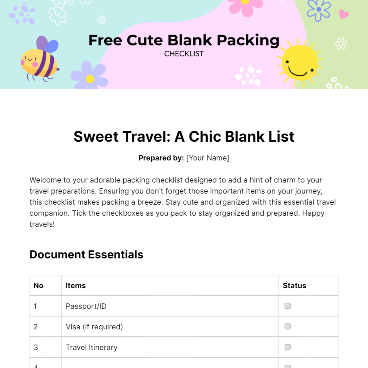 Cute Blank Packing Checklist Template