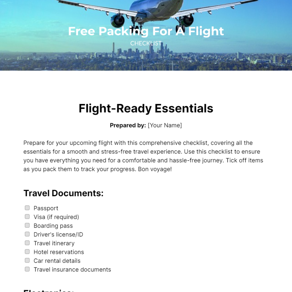Packing For A Flight Checklist Template