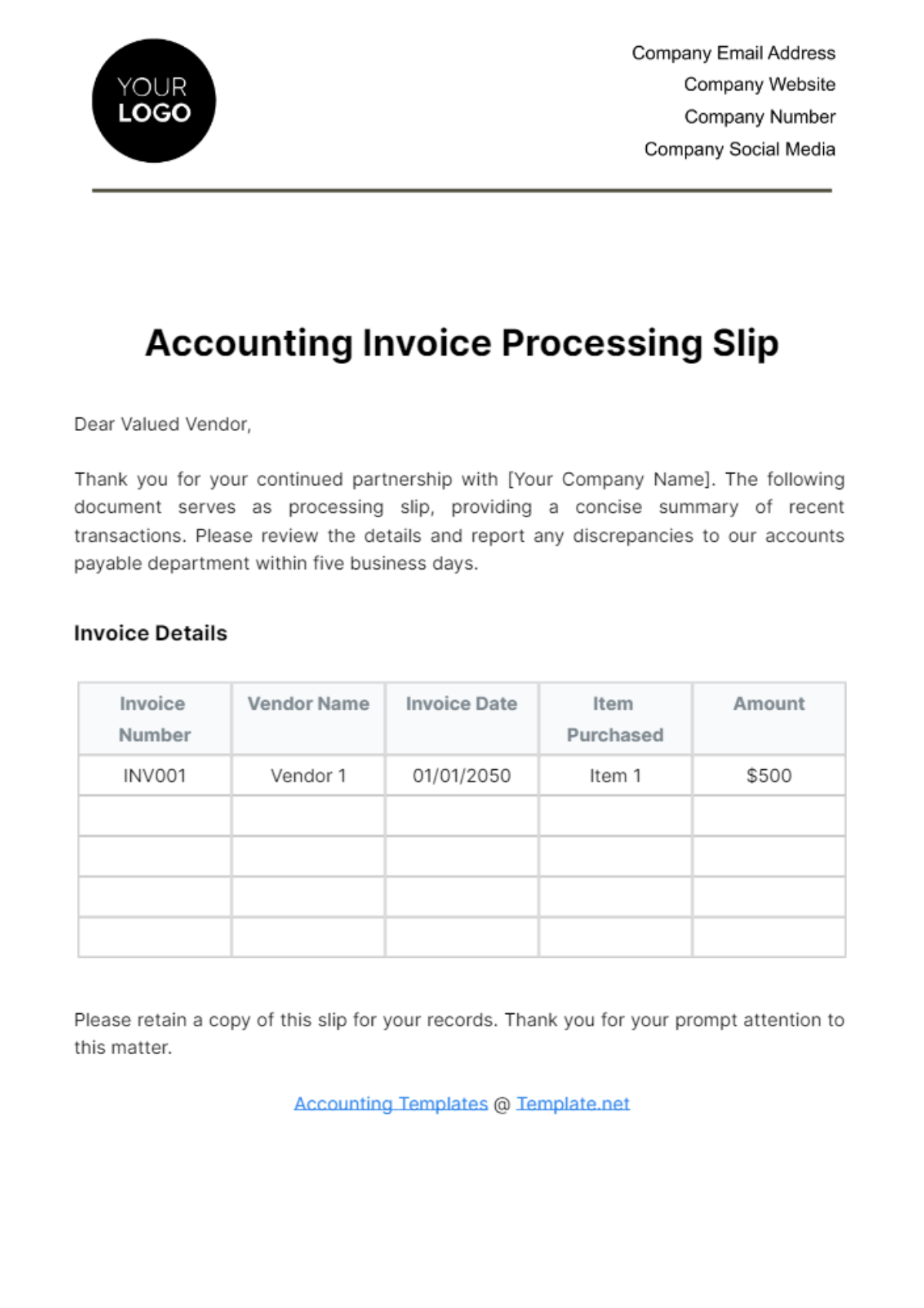 Accounting Invoice Processing Slip Template