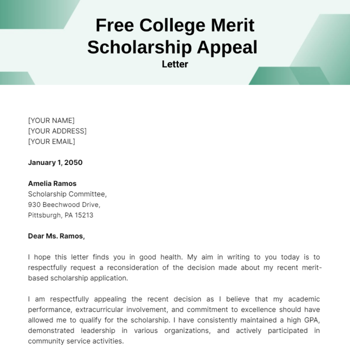 College Merit Scholarship Appeal Letter Template