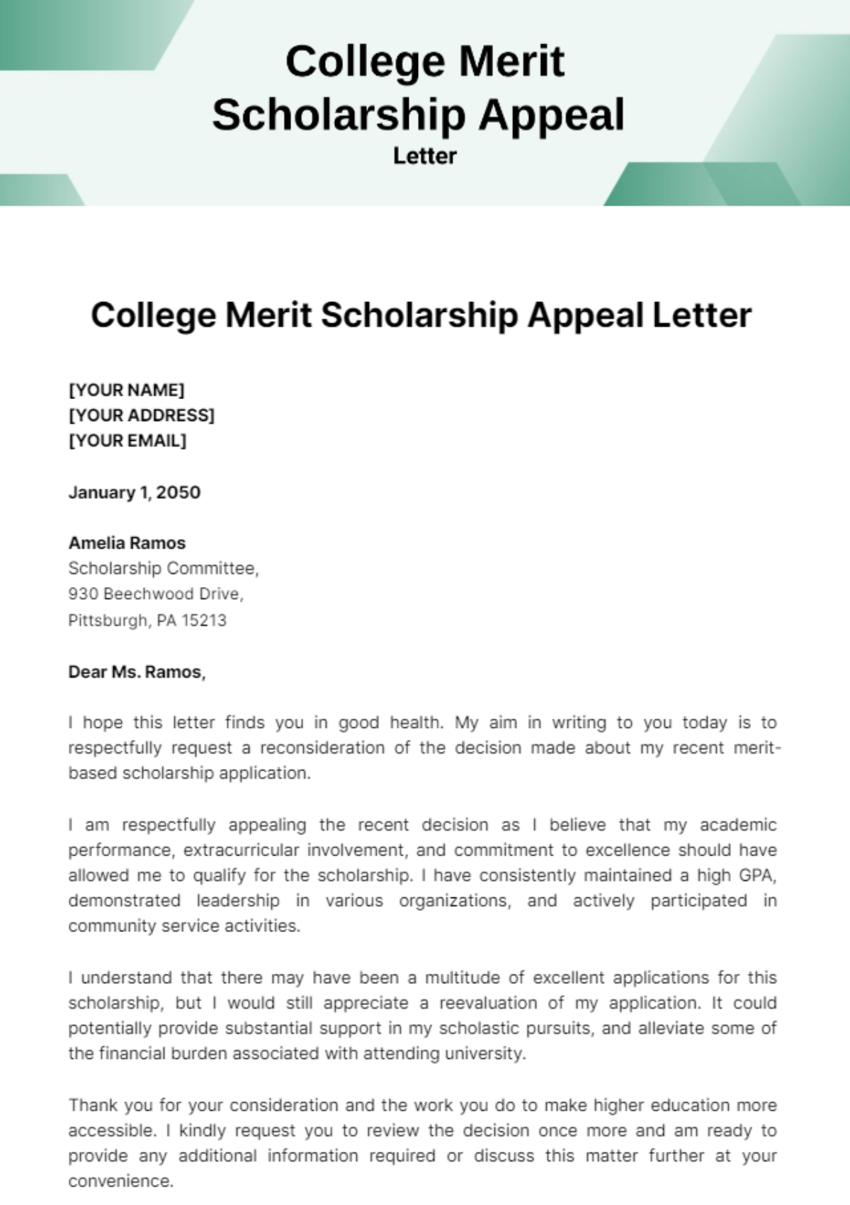 Free College Merit Scholarship Appeal Letter Template