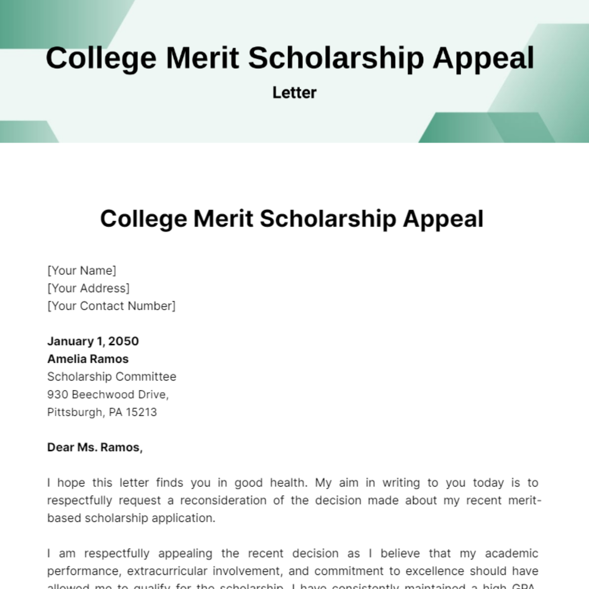 Sample Merit Scholarship Appeal Letter